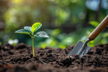 A small plant sits next to a shovel in a close-up shot, ideal for gardening or nature-themed uses