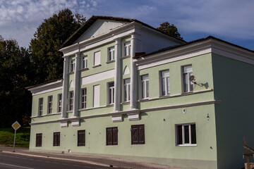 The Bogolyubov merchant house of the 18th century after renovation in the city of Borovsk, Russia. Pilasters on the facade