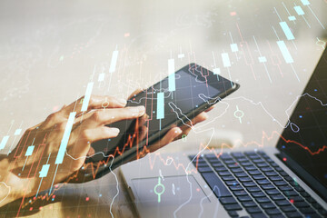 Double exposure of abstract creative financial diagram with world map and with finger clicks on a digital tablet on background, banking and accounting concept