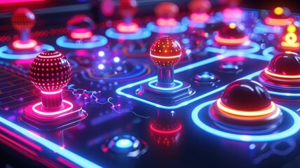 Close-up of vibrant retro arcade machine controls with glowing buttons and joystick, evoking nostalgia and classic gaming experience.