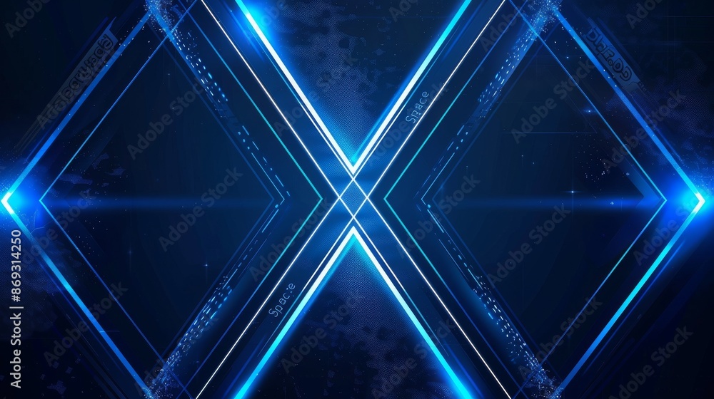 Poster an abstract sci-fi arrow neon tube with vivid blue glowing lights on a tilted space with reflections