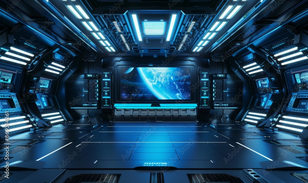 Poster Concept for space technology and object presentation on white and blue background in a sci-fi spaceship. 3D illustration rendering of space technology and object concept.