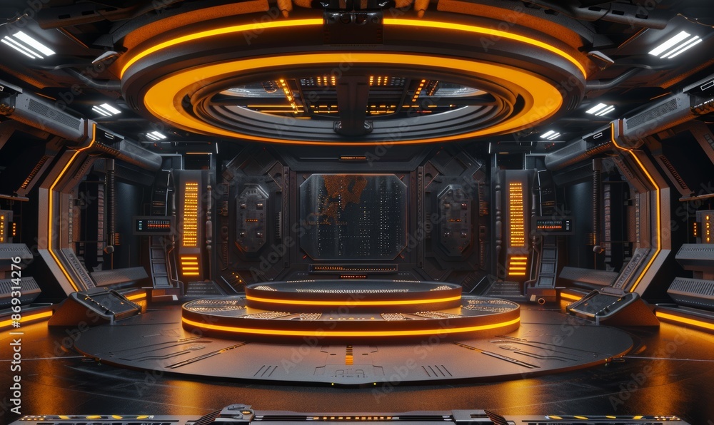 Aufkleber sci-fi product display in spaceship with orange light background. space technology and object concep