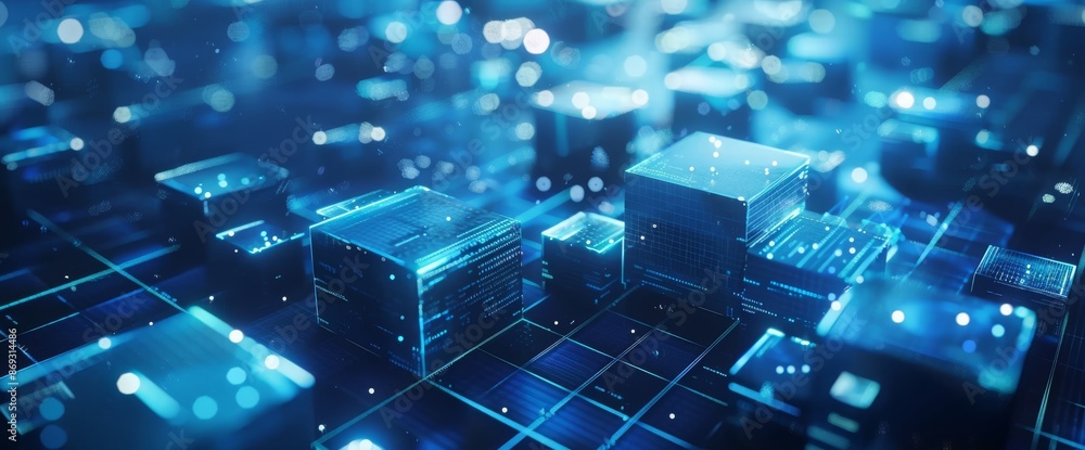 Poster the concept of data blocks in cyberspace is depicted in 3d against an abstract technology backdrop.