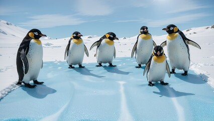 Obraz premium Cheerful penguins sliding down an icy blue slope with messaging space