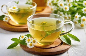 Chamomile herbal summer tea on white wooden table in kitchen. Healthy healing drink