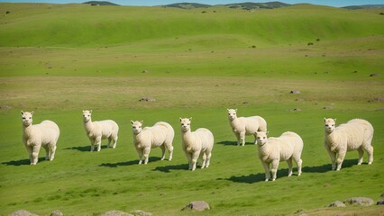 Obraz premium Fluffy alpacas grazing in a neon green meadow with text space