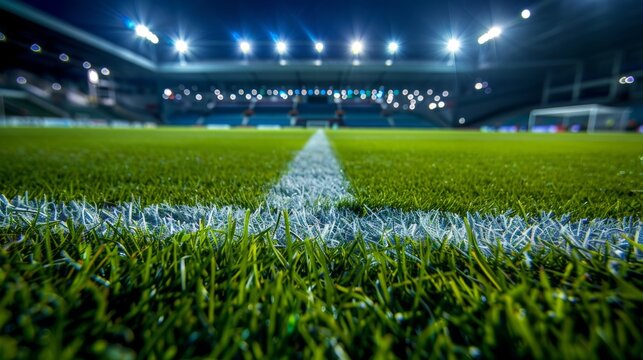 close up of grass with white line on football field stadium at night wide angle ground level perspective blurred fans lights background bright even lighting details green grass white lines