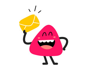 Vector cartoon illustration of cute abstract shape happy character with envelope in hand on white color background. Flat child doodle style of smile monster with letter. Kid character get mail