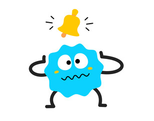 Vector cartoon illustration of cute abstract shape annoyed blue character with ring bell on white color background. Flat style child doodle design of crazy geometric monster. Kid character with bell