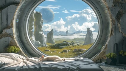 The futuristic bedroom on another planet is a cosy space with round windows that look out at the extraterrestrial landscape