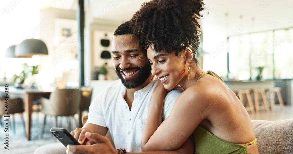 Poster couple, phone and home with social media, scroll and smile together on couch with app. online shoppi