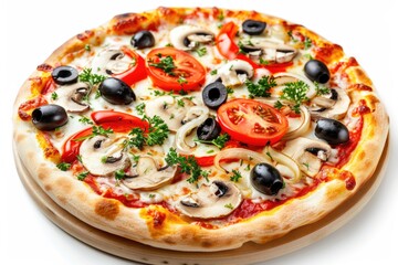 A delicious pizza topped with mushrooms, tomatoes, and olives