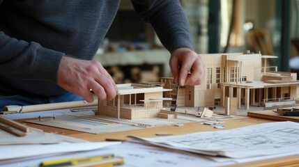 Skilled architect engineer building or working on house model at studio. Professional interior designer plann9ing for designing building construction by using architectural model structure. AIG42.