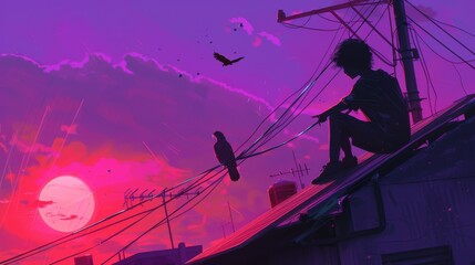 Obraz premium Digital illustration painting of a man with gas mask feeding a bird in a futuristic city at night with old buildings in the background.