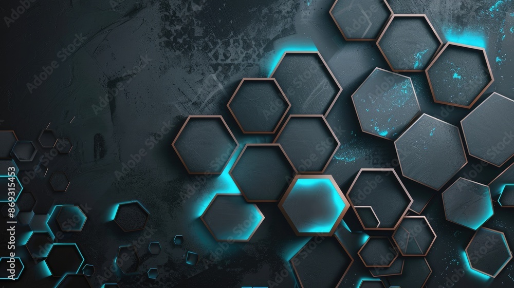 Poster abstract 3d hexagonal shapes with teal highlights. digital image of 3d hexagon or honeycomb shape wi