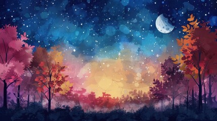 Mystical forest landscape at twilight with starry sky, colorful trees, and a crescent moon. Dreamlike nature scenery with vibrant hues.