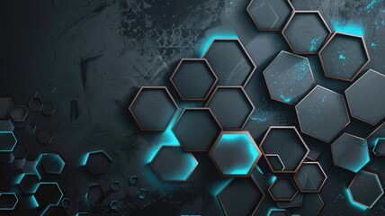 Abstract 3D hexagonal shapes with teal highlights. digital image of 3d hexagon or honeycomb shape with blue and black placed on background. Modern geometric design for wallpaper and print. AIG53F.