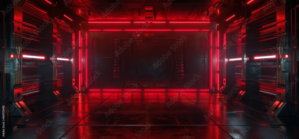Poster a 3d rendering of sci-fi futuristic alien spaceship in a tunnel corridor with glowing laser light, c