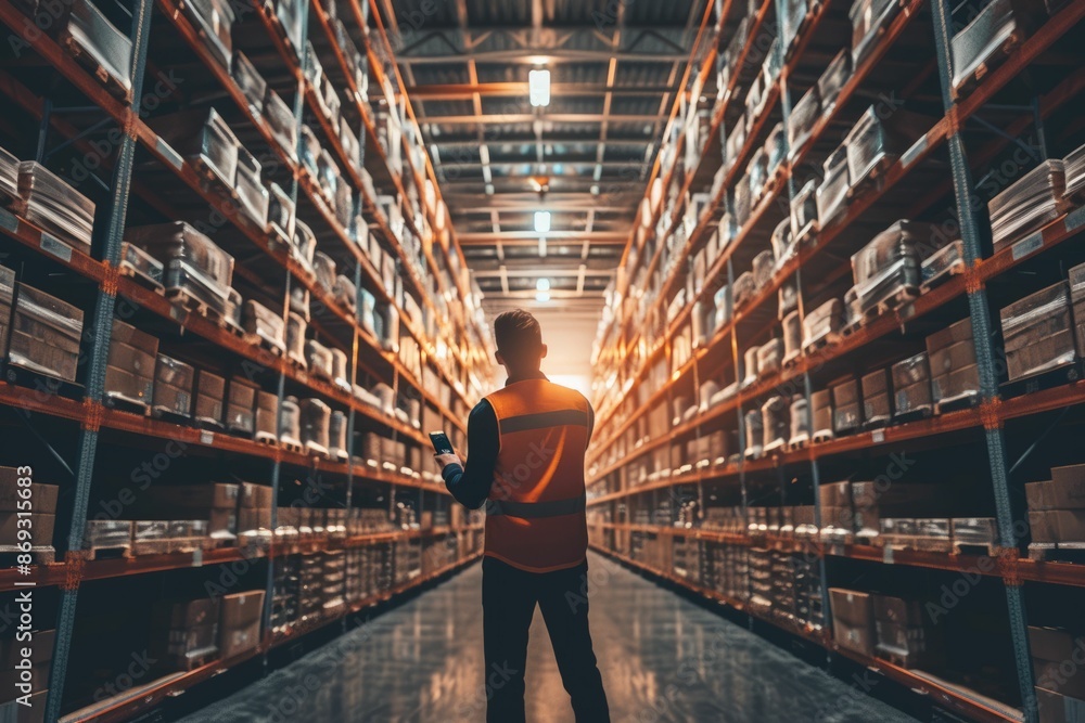 Poster professional project manager hands walking and checking product at warehouse. start up business man 