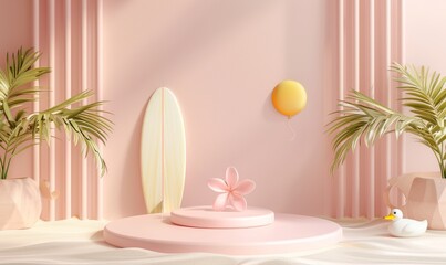 Stunning display podium with summer pink theme, inflatable flamingo ring background for product mockups or cosmetics with summer pink theme.