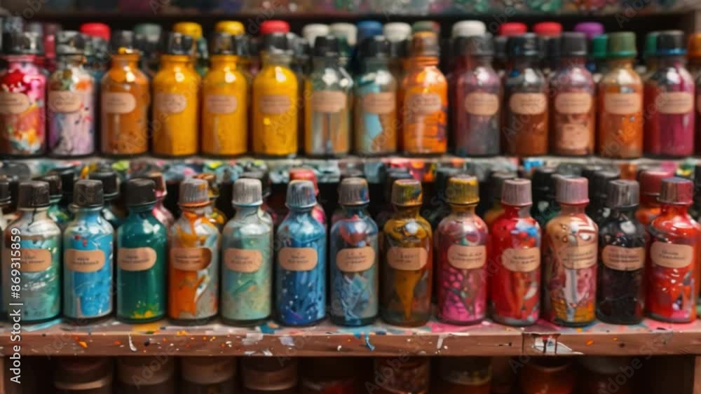 Poster this colorful paint jars in various sizes, highlighting the dynamic work process in an artist's stud