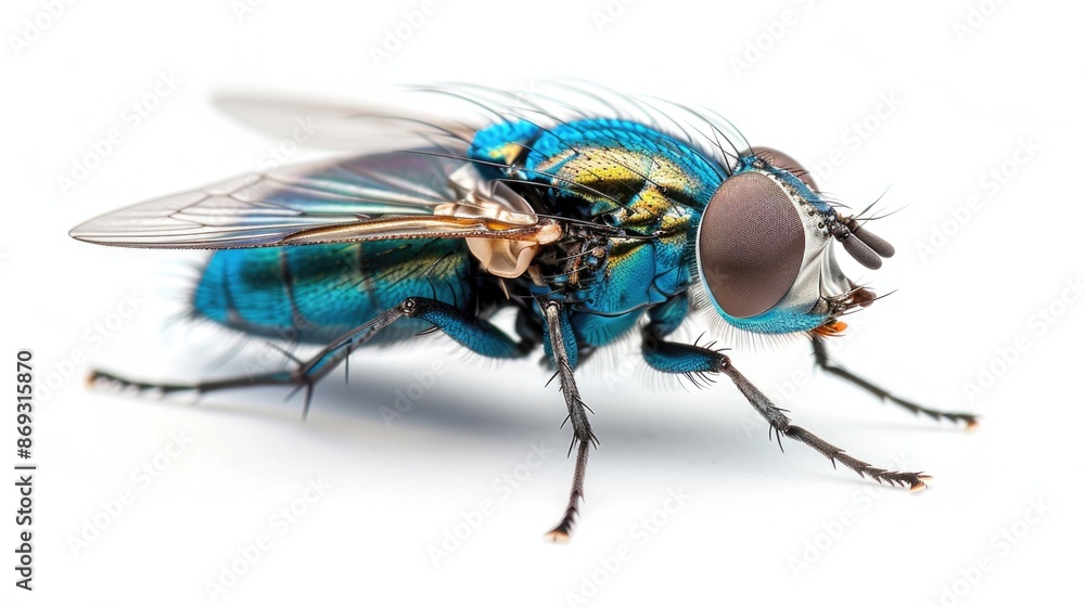 Poster macro shot of a fly perched on a white surface, with minimal background distractions