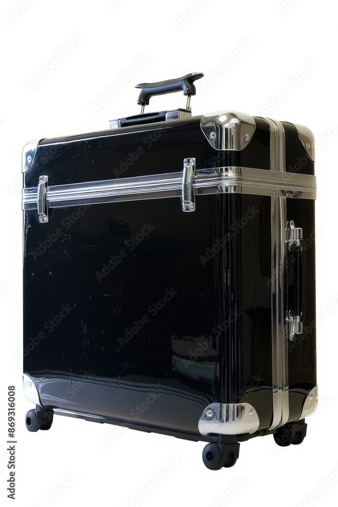 Poster a single black suitcase sits on a clean white floor, suitable for use in travel or storage-related c