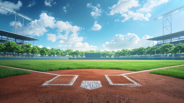 baseball stadium with the pitchers mound and lush green outfield under a clear sky