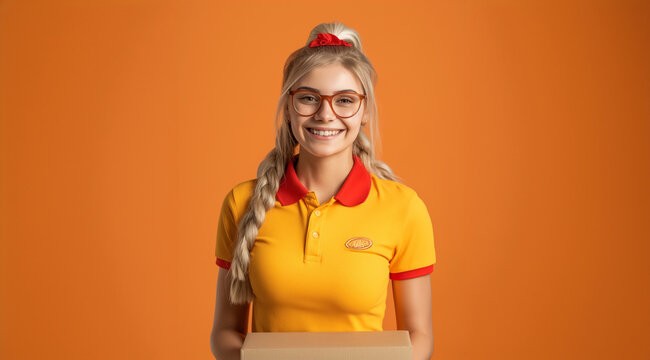 Young pizza delivery girl on orange background. Young woman with uniform and box in hand. Smiling, job, shipments, post, online purchases, home delivery. Girl with glasses and long blonde braids.