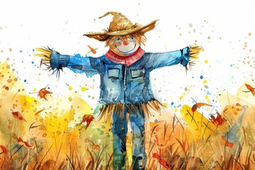 Fototapeta premium Vibrant watercolor painting of a scarecrow in a colorful autumn field with birds and splashes of yellow and orange hues.