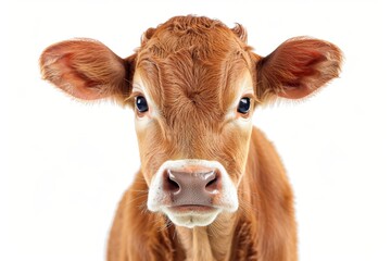 Isolated brown cow or bullock farm portrait, funny moment, Farmland animals concept, with generative AI.