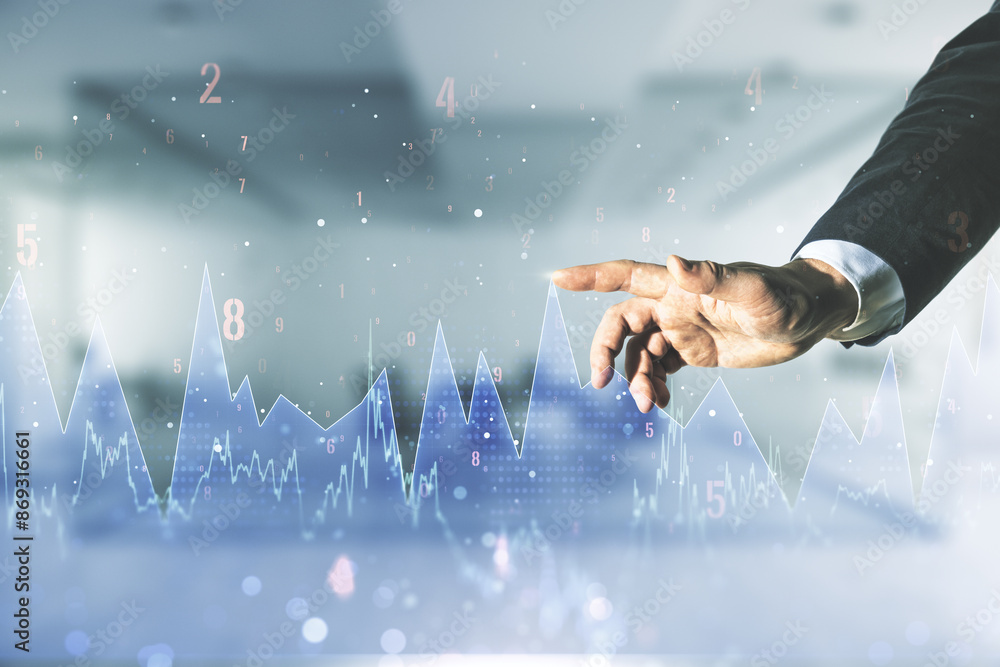 Aufkleber man hand clicks on abstract virtual analytics data spreadsheet on blurred office background, analyti