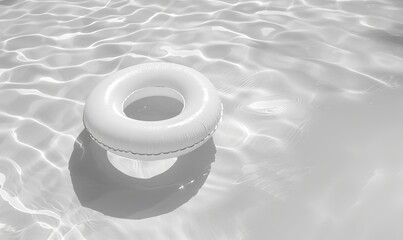 white inflatable ring floating on water surface with sunlight reflection in minimalist background high angle view monochrome tone high resolution photography high detail