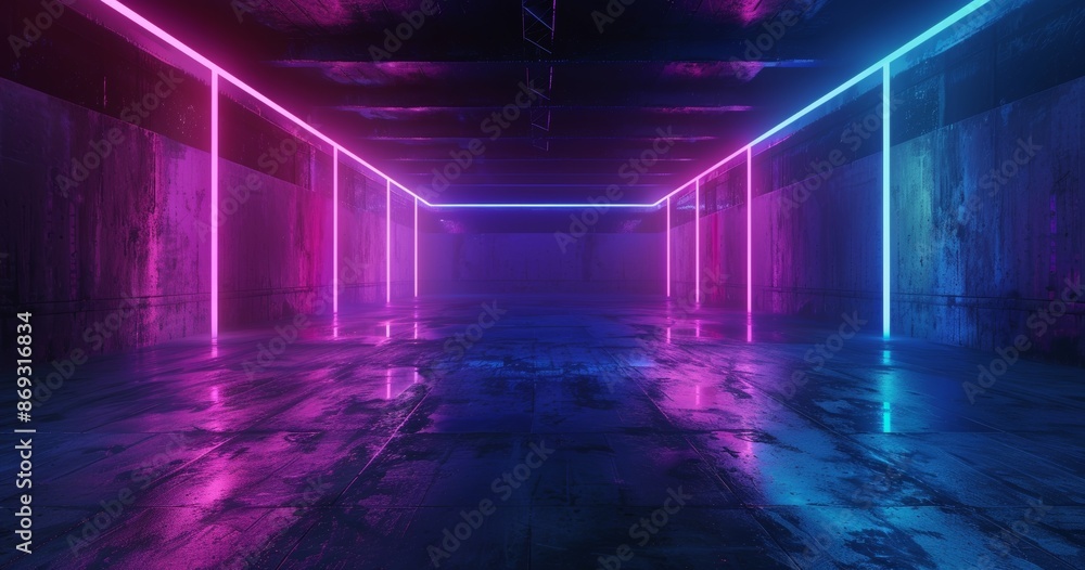 Poster 3d rendering of futuristic sci-fi abstract blue and purple neon light shapes on a black background a