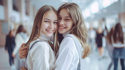 Two happy schoolgirl friends hugging in school corridor