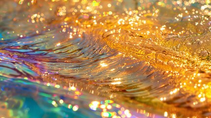 abstract background with water, rainbow waves on golden, sparkling water reflection, aesthetic background, colorful wave