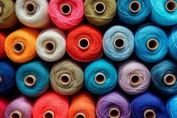 Full shot of rows of colorful sewing threads close up