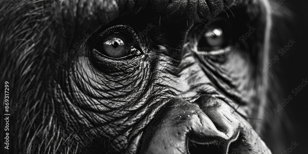 Poster close-up shot of a gorilla's face in black and white, suitable for editorial or creative use
