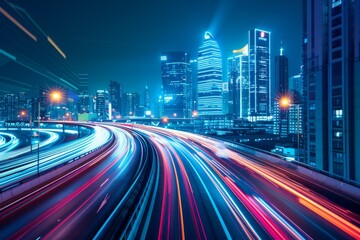 Obraz premium Traffic jam on highway with speed lights trailing from car background, Expressway road junction in metropolis city center at night.