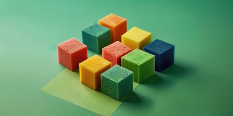 Obraz premium A group of colorful sponges resting on a green surface