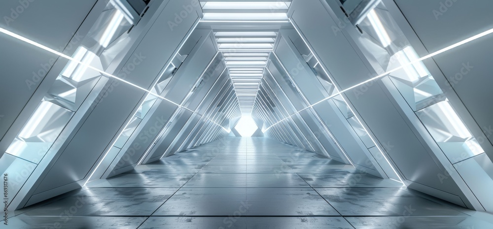 Aufkleber a vibrant futuristic sci-fi alien ship tunnel with glowing abstract shapes and a reflective surface 