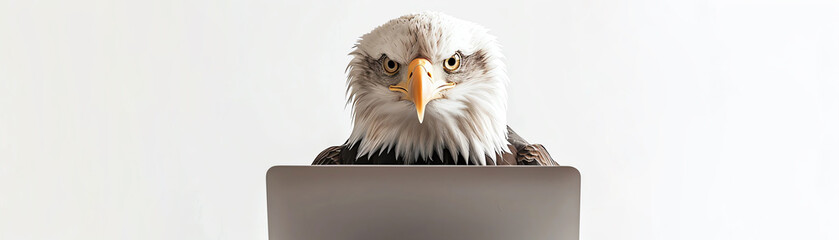 Obraz premium Bald eagle using a laptop, white background, focused expression