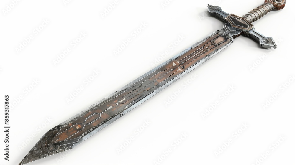 Poster sci-fi lance with shield. futuristic knight's spear with scratched white and gray metal. sci-fi lanc