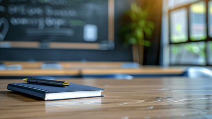Fototapeta premium Notebook and pen lying on desk in modern school classroom