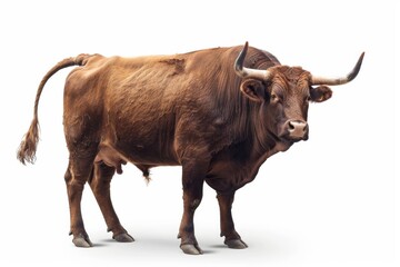 An isolated portrait of the strongest dark brown bull with muscles and long horns on a transparent png background, representing Animals Fighter.