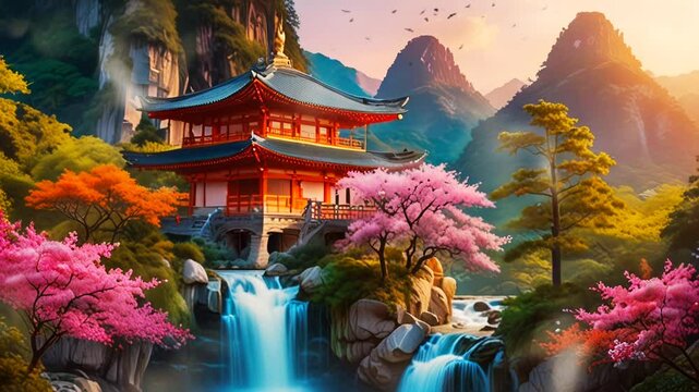 Landscape Rocky hills with Chinese temples and waterfalls, in a smooth looping background with 4K video animation.
