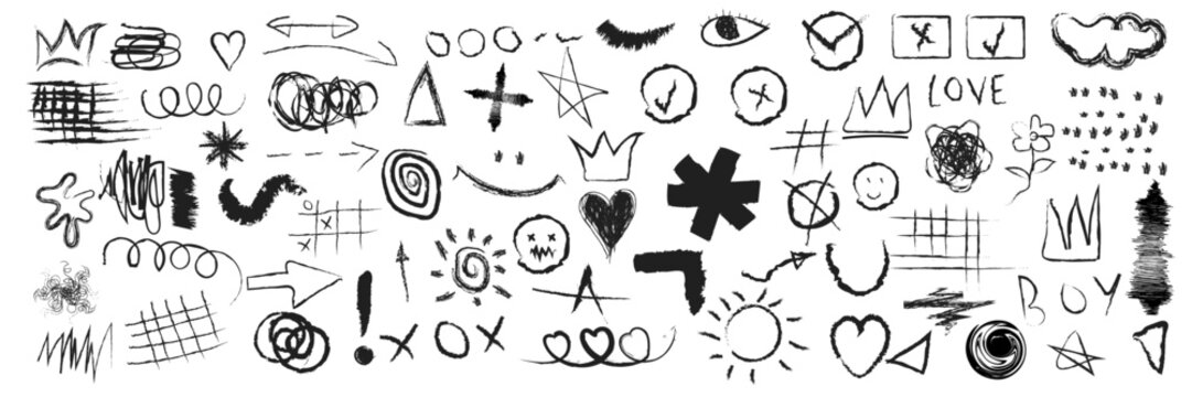 A collection of black doodle lines and abstract random icons on an isolated background