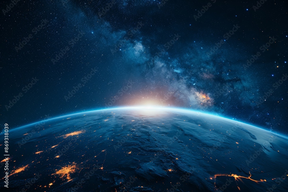 Wall mural Sphere of Planet Earth from space with city lights on land and sunlight, Galaxy and space concept.