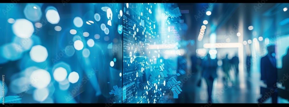 Poster group of office workers interacting with a futuristic graphical user interface.